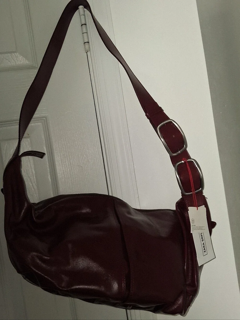 ZARA Large Burgundy Leather Crescent Shoulder Bag Double Buckle Strap Zip  close